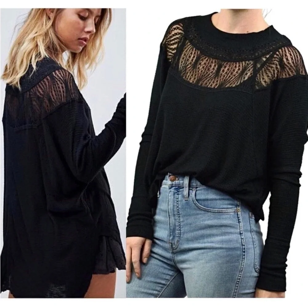FREE PEOPLE Lace Trim Neckline Oversized Dolman Long Sleeve Thermal Knit Top XS‎